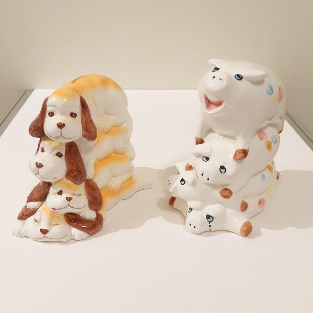 Vintage Rare Set of Berco Dog Pile and Pig Pile Piggy Banks